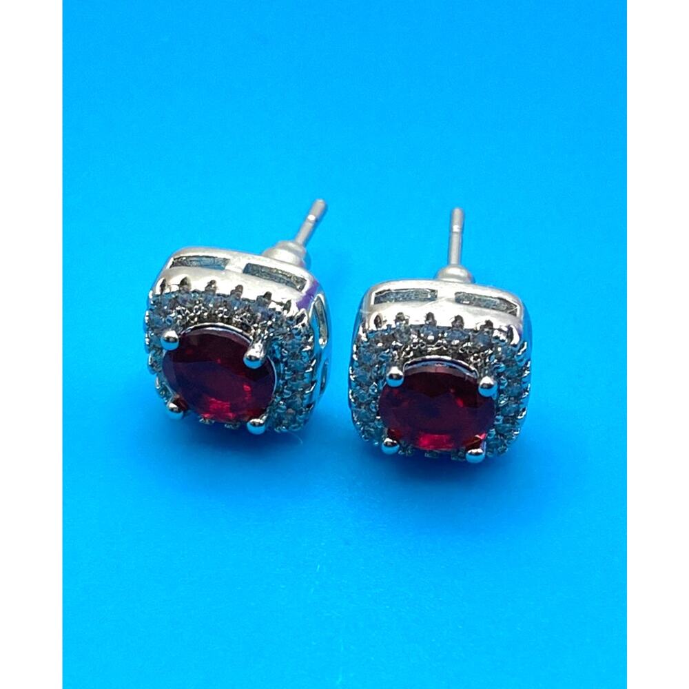 Ruby Red Square Halo Stud Earrings Made with SWAROVSKI Elements Silver Overlay